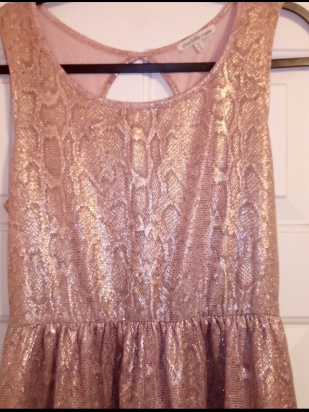 Charlotte Russe Rose Gold Metallic Snakeskin Skater Mini Dress Coquette Size M - Picture 2 of 6